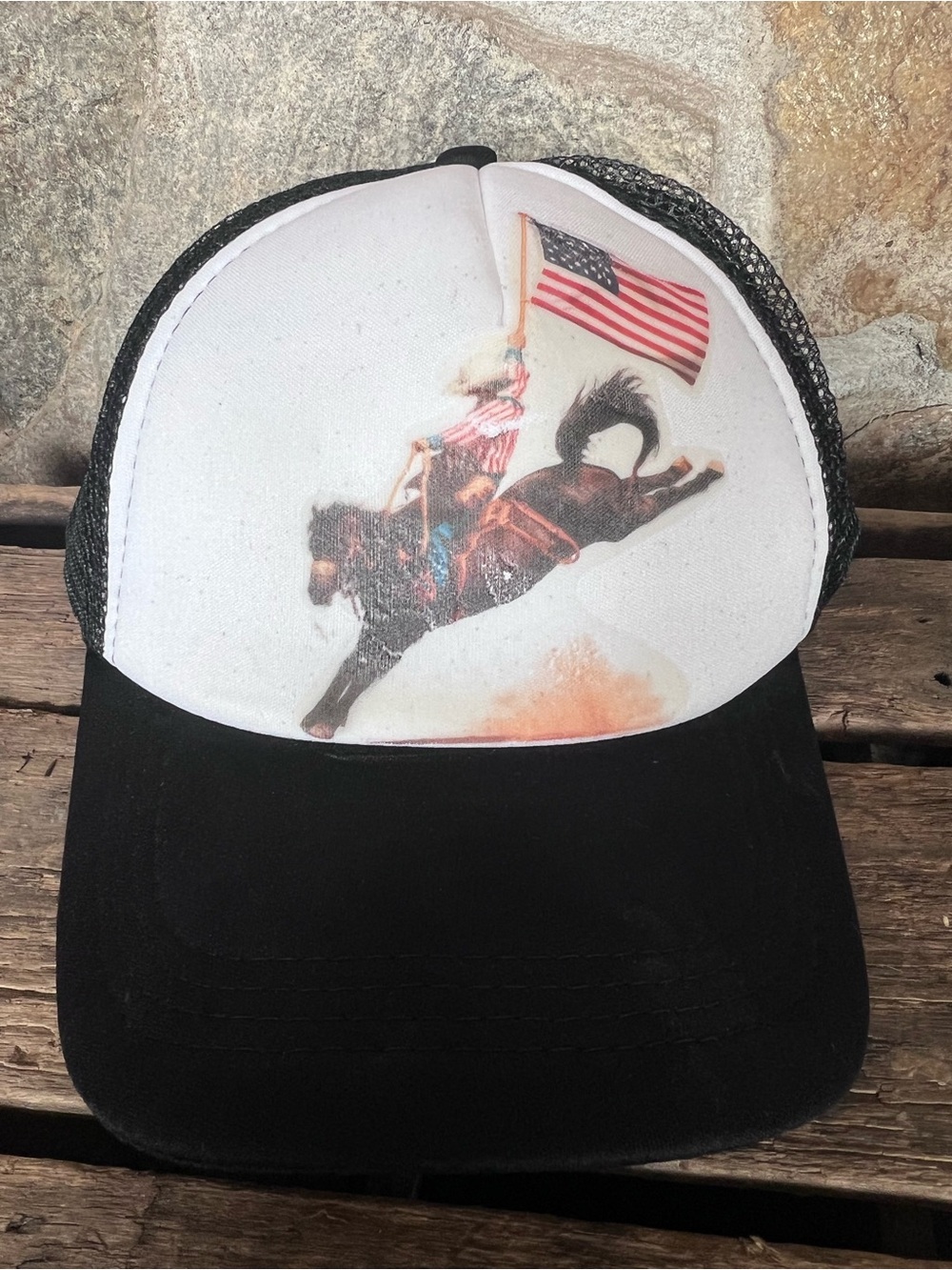New Adult unisex Black/White Trucker Hat Rodeo Rodeo Bronc Rider American Flag